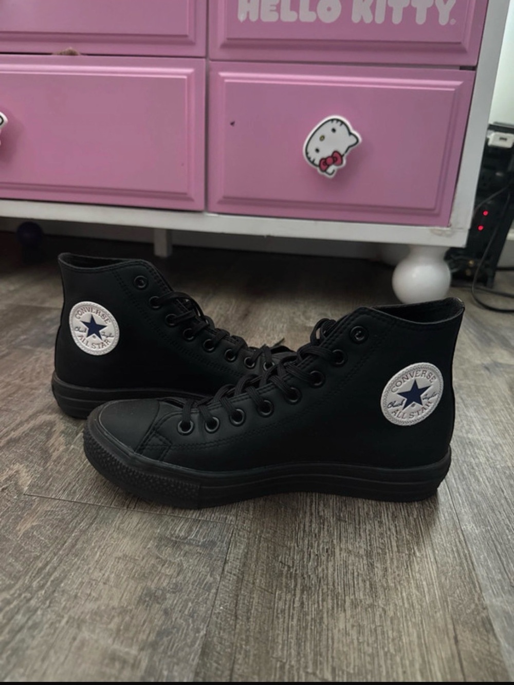 Converse Black Faux Leather High Top Sneakers with White Star Patch